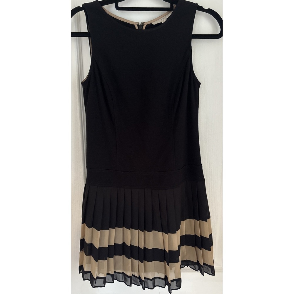 Ann Taylor Loft A Line Dress Drop Waist Pleated Tan Black Preppy Chiffon Sz 2P